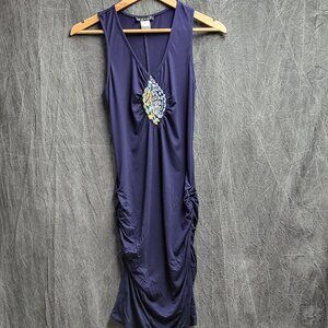 Women's S Blue Bodycon Dress with Rhinestone Chest Design